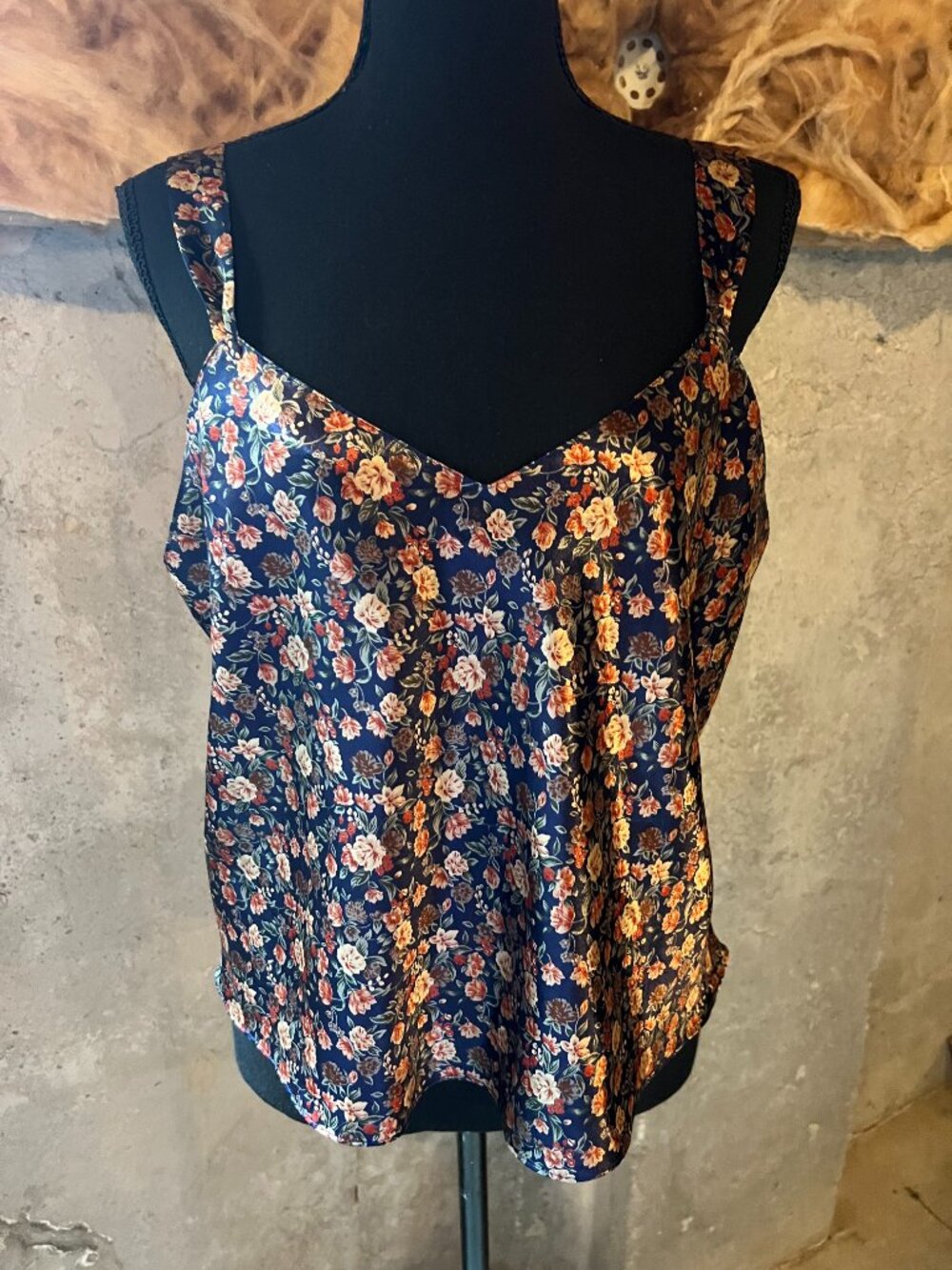 Vintage Cacique Navy Floral Spaghetti Strap Lingerie Cropped Satin Cami